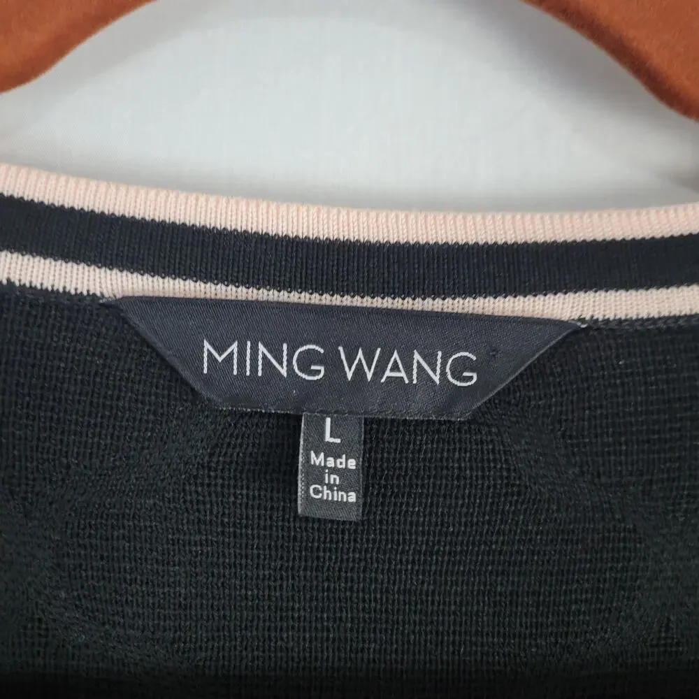 Ming Wang Double Striped Hem Cardigan women's size L Black Pink Preppy Old Money